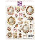 Sheet of decorative stickers with vintage-style mirrors, flowers, birds, and other elements on a white background.