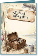 Fishing-themed card with a wooden tackle box, fishing rod, and sign reading 'A reel fishing story'.