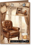 Decorative card with a brown leather armchair, glass of whiskey, and fireplace illustration.