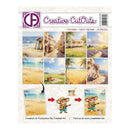 Creatieve Cut Outs sticker sheet featuring 16 beach-themed illustrations, including a beach cabana, seaside village, camper van, lavender field, beach hut, palm tree beach scene, and a mouse playing a guitar. The sheet is branded with the 'CA' logo and 'Creatieve Cut Outs' text.