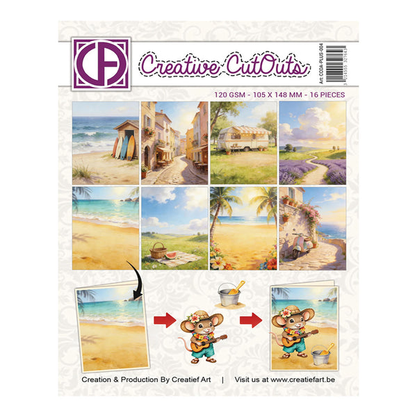 Creatieve Cut Outs sticker sheet featuring 16 beach-themed illustrations, including a beach cabana, seaside village, camper van, lavender field, beach hut, palm tree beach scene, and a mouse playing a guitar. The sheet is branded with the 'CA' logo and 'Creatieve Cut Outs' text.