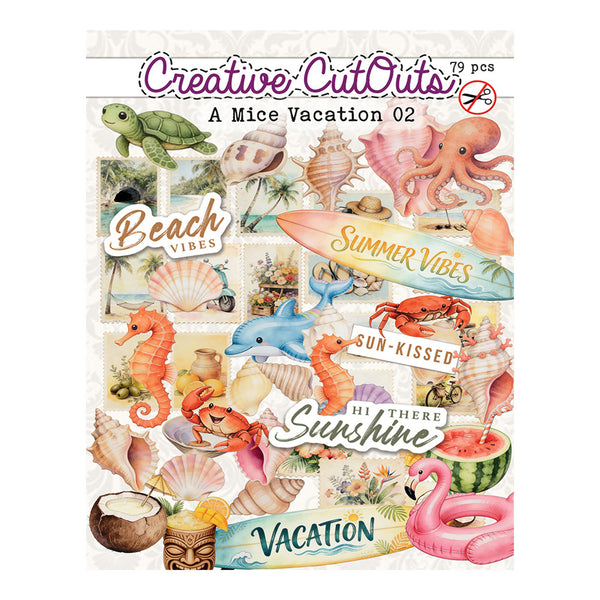 A sheet of Creative Cut Outs stickers featuring a 'Mice Vacation 02' theme with various colorful beach and summer illustrations, including seahorses, flamingos, octopuses, shells, and tropical text labels.