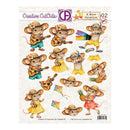A sheet of decorative mouse illustrations for scrapbooking or craft use, titled "A Nice Vacation" by Creative Cut Outs. The sheet shows multiple cartoon mice wearing straw hats and summer clothing, playing guitars, holding pineapples, flying kites, and wearing rainbow accessories on a light patterned background.