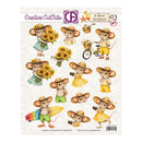 A sheet of decorative stickers featuring cute illustrated mice wearing straw hats and colorful summer outfits, with sunflower bouquets, a bicycle, a surfboard, and a small basket. The sheet has the brand name Creative Cut Outs at the top and the text 'A Nice Vacation' and '03' on the package.