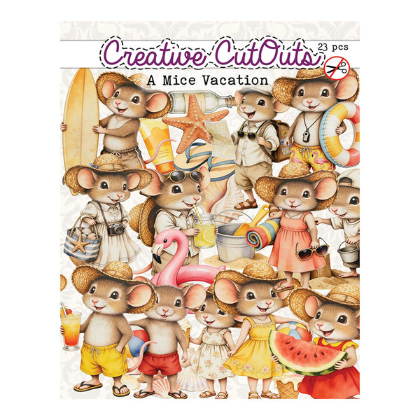 Creative Cut Outs 'A Mice Vacation' 23-piece craft paper set featuring a whimsical illustration of cartoon mice in beachwear with summer accessories like a pink flamingo, starfish, watermelon, and surfboard.