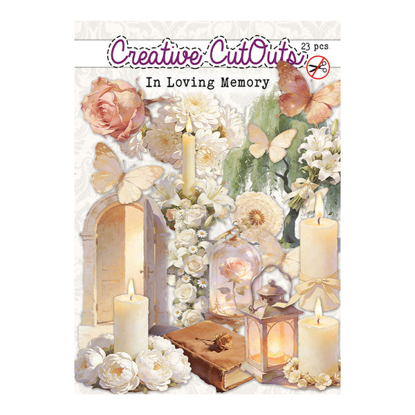 Packaging of 'Creative Cut Outs' with flowers, candles, and butterflies on a white background
