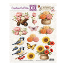 Sheet of decorative cutouts with flowers, birds, and butterflies on a white background.