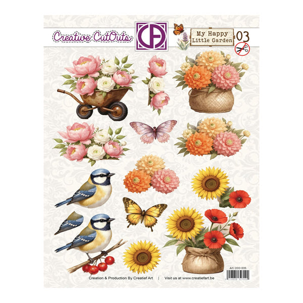 Sheet of decorative cutouts with flowers, birds, and butterflies on a white background.