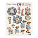 Sheet of decorative cutouts with vintage-style elements including clocks, flowers, and children in hats.
