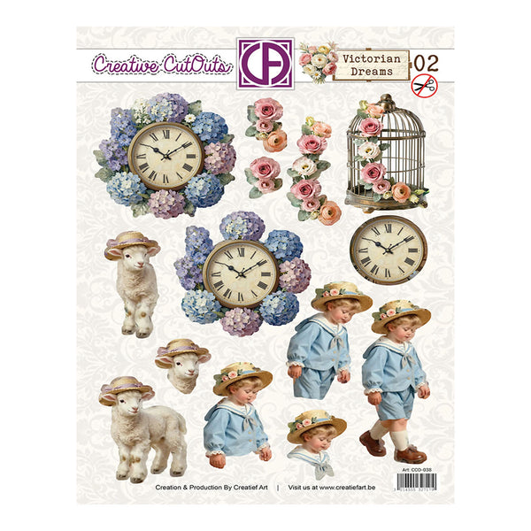 Sheet of decorative cutouts with vintage-style elements including clocks, flowers, and children in hats.