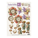 Sheet of decorative cutouts with vintage-style clocks, flowers, and children holding toys on a white background.