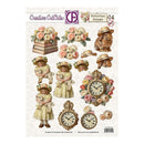 Sheet of decorative cutouts with vintage-themed illustrations including children, flowers, and clocks by Creative Cut Outs.
