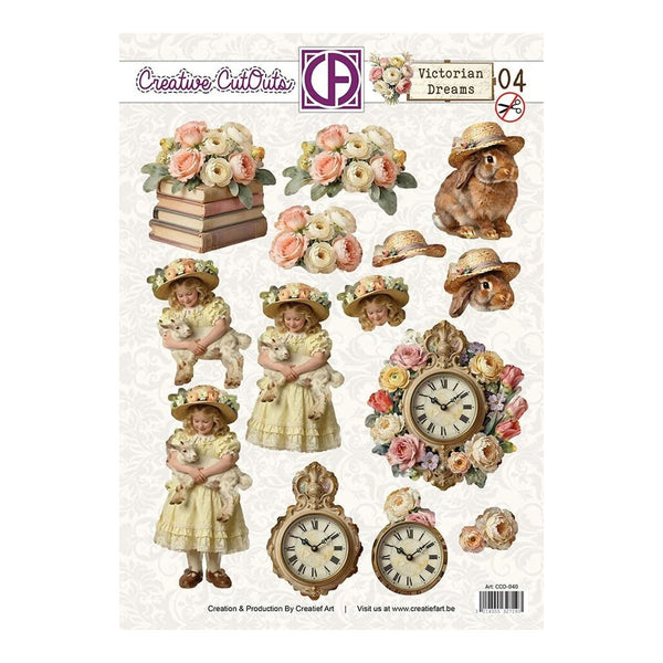 Sheet of decorative cutouts with vintage-themed illustrations including children, flowers, and clocks by Creative Cut Outs.