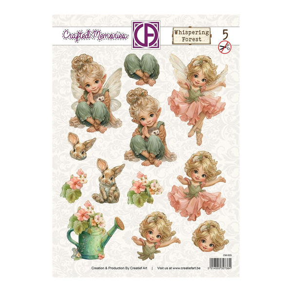 Sheet of decorative stickers featuring fairies and rabbits with 'Crafted Memories' branding.