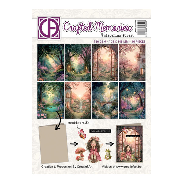 Packaging of 'Whispering Forest' by Crafted Memories with illustrated forest scenes and product details.