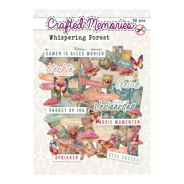 Packaging of 'Crafted Memories Whispering Forest' with decorative elements and text.