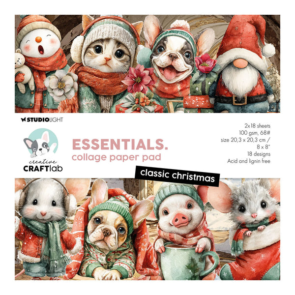 Collage paper pad with Christmas-themed illustrations featuring animals and gnomes.