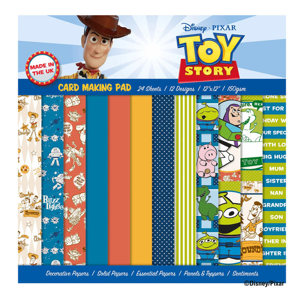 Toy Story card making pad packaging with colorful papers and character illustrations.