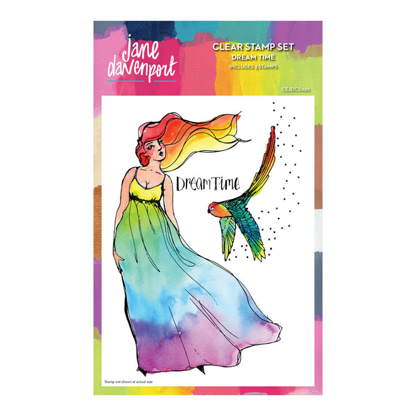 Clear stamp set with a colorful illustration of a woman in a dress and a parrot, featuring the brand 'Jane Davenport'.