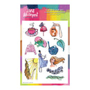 Clear stamp set with whimsical illustrations on a colorful background