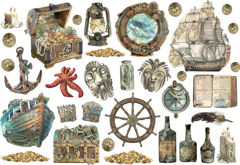 Stamperia Songs of the Sea Cardstock Ephemera Adhesive Paper Cut Outs - Sailing Ship and Elements