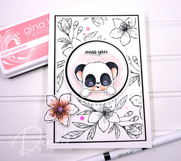 Card with panda illustration and floral design, featuring 'gina k.' brand on a white background.