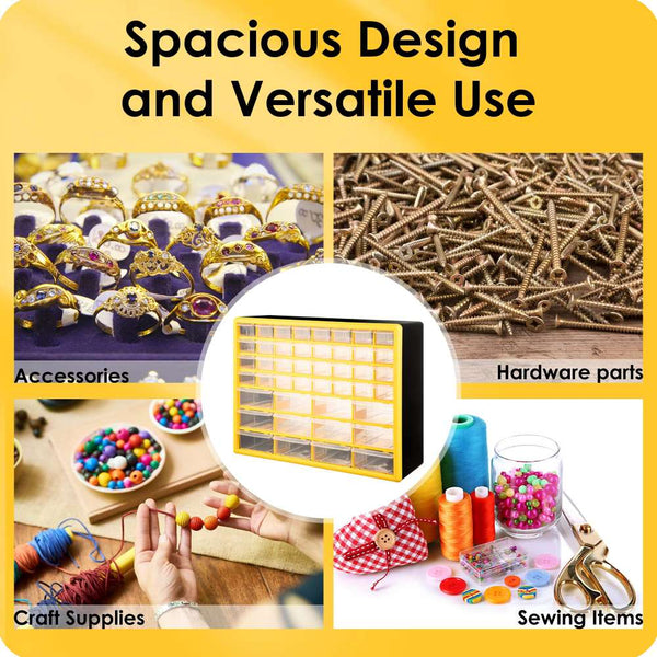 Yellow storage box with compartments labeled for accessories, hardware parts, craft supplies, and sewing items on a yellow background.