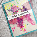 Colorful feather design with 'Wild & Magical' text on a textured surface