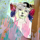 Artistic collage with butterfly wings, face illustration, and motivational text on a colorful background.
