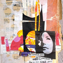 Collage art piece with text and abstract shapes on a textured background