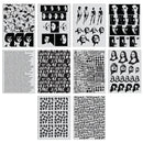 Collection of black and white art prints featuring various designs.