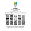 Collage paper packaging with black and white designs and colorful branding on a white background