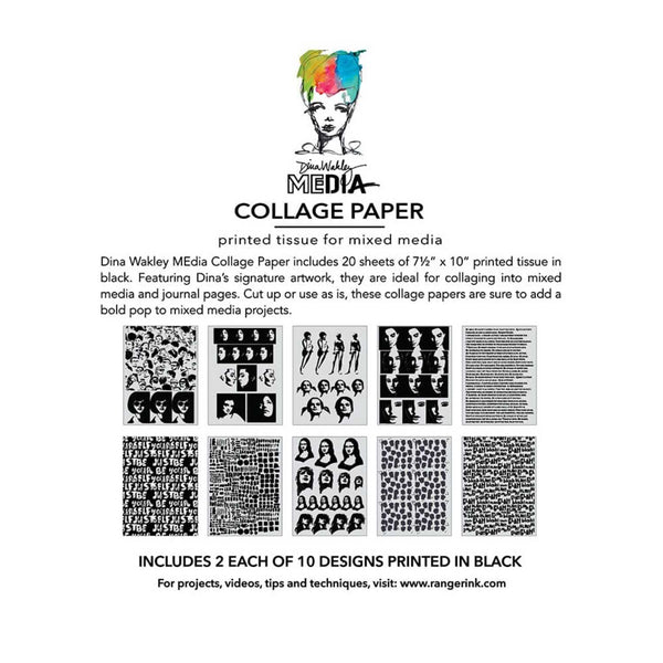 Collage paper packaging with black and white designs and colorful branding on a white background