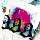 Colorful art print with three stylized portraits on a textured surface