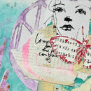 Collage with a stylized face, text, and abstract elements on a colorful background