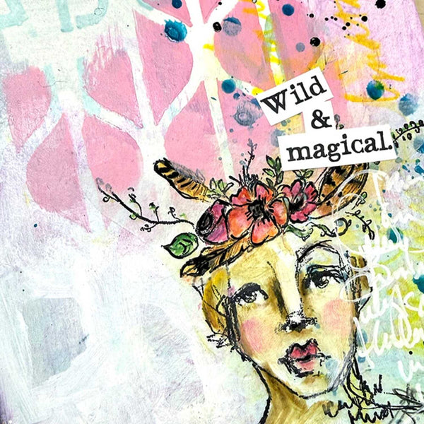Artistic illustration of a face with floral headpiece and text 'Wild & Magical' on a colorful abstract background.