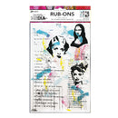 Rub-on sheet with artistic designs and text on a white background