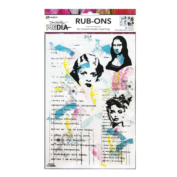 Rub-on sheet with artistic designs and text on a white background