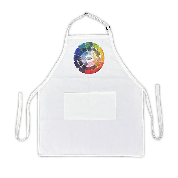 White apron with a colorful wheel design on a white background