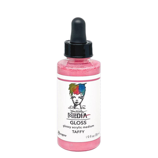 Pink bottle of glossy acrylic medium with a dropper on a white background