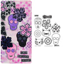 Decorative notebook with skull and flower designs on a pink and purple checkered background, featuring stamps and stencils on the right side.