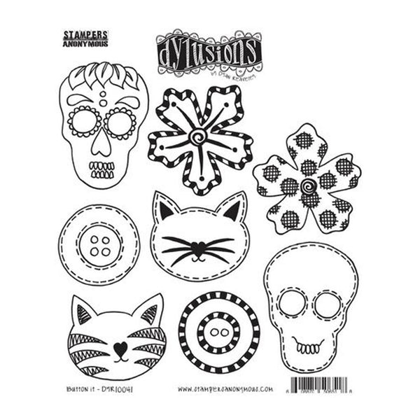 Set of black line art designs including skulls, flowers, and cats on a white background.