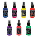 Set of eight ink spray bottles in various colors with black sprayers on a white background.