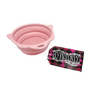 Pink collapsible colander with 'dylusions' packaging on a white background