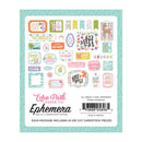 Packaging of Echo Park Paper Co. Ephemera with colorful die-cut cardstock pieces on a light blue background.