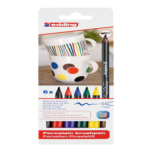 Packaging of edding porcelain brush pens with a decorative mug on a white background