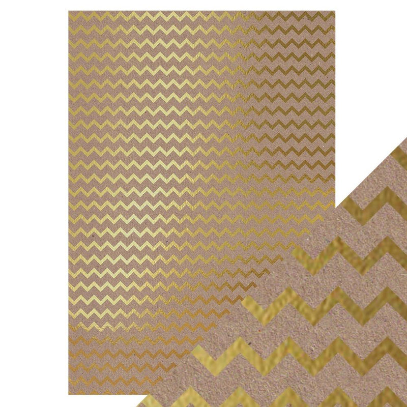 Craft Perfect Foiled Kraft Card A4 5/Pkg - Golden Zig Zag