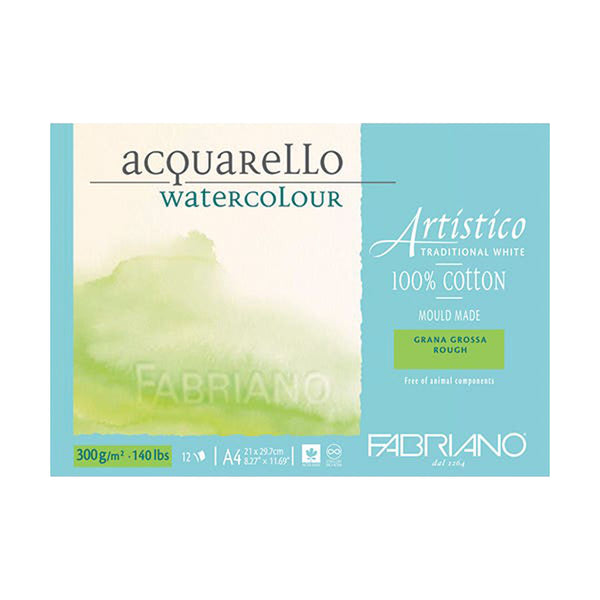 Packaging of Fabriano Acquarello watercolor paper with green watercolor design on a white background