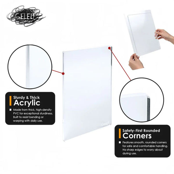 Product display with acrylic sheet, highlighting sturdiness and rounded corners, on a white background.