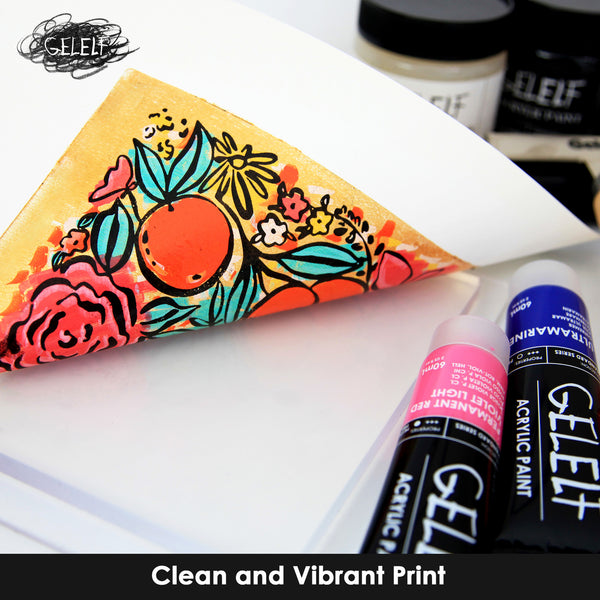 Colorful print on paper with GELEIF acrylic paint tubes in the foreground